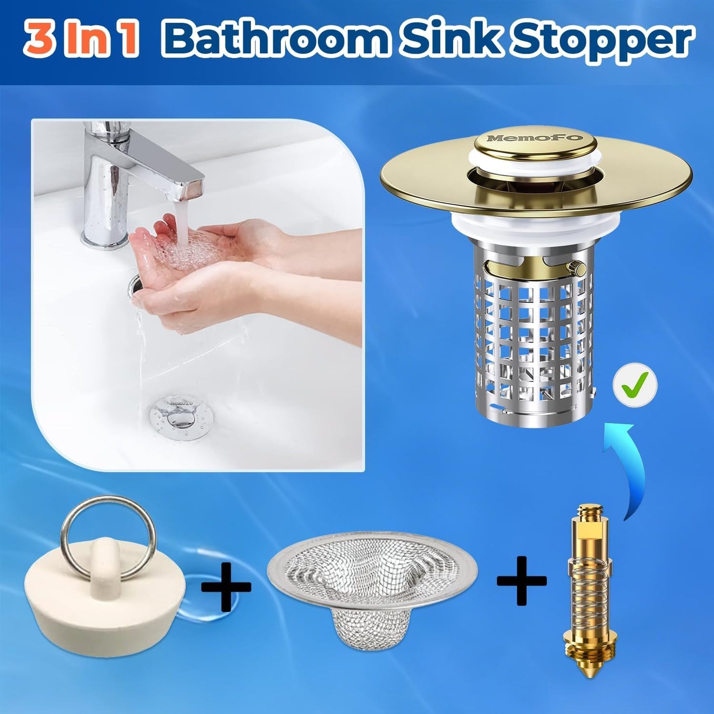 Bathroom Sink Drain Strainer(2PCS), Stainless Steel Pop-up Strainer Basket Hair Catcher with Removable Basket, Brass Bullet Core, Universal Fit 1.1-2.36 Inch