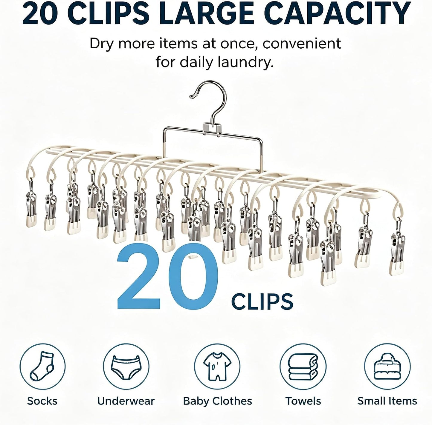 20 Clips Laundry Hanger with Strong Grip Clothespins, Space Saving Sock Drying Rack for Underwear Baby Clothes Towels, Hanging Laundry Organizer for Indoor Outdoor Use（White）