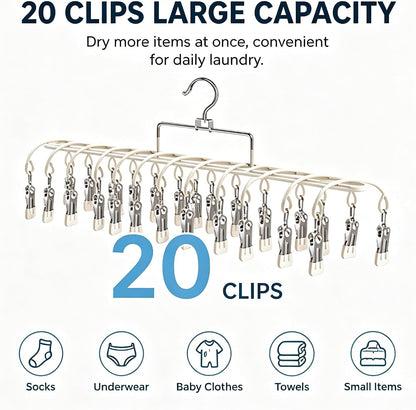 20 Clips Laundry Hanger with Strong Grip Clothespins, Space Saving Sock Drying Rack for Underwear Baby Clothes Towels, Hanging Laundry Organizer for Indoor Outdoor Use（White）