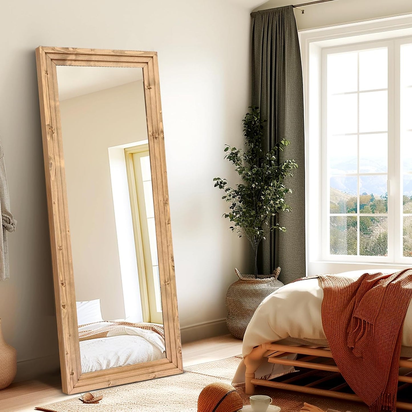 Full Length Mirror 65"x22" with Stand Solid Wood Frame Floor Large Mirror for Living Room, Bedroom Hanging Standing or Leaning Wall-Mounted, New Black