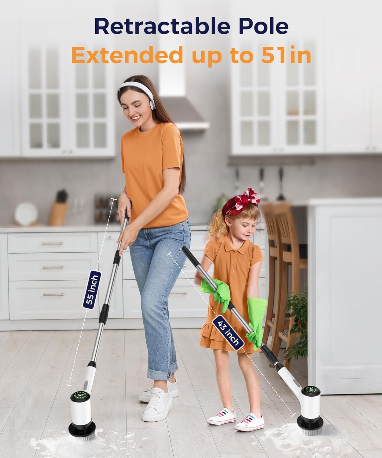 6-in-1 Cordless Electric Spin Scrubber with Long Handle | Power scrubber, bathroom scrubber, 47.2 in long handle, 2 speed scrub brush, IPX7 rated body, kitchen, tile, tub, floor