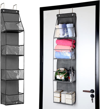 4-Shelf Over The Door Hanging Pantry Organizer, Behind The Door Storage Organizer, with Clear Plastic Pockets, for Bedrooms, Closets, Bathrooms, Small Apartments, College Dorms (Grey)