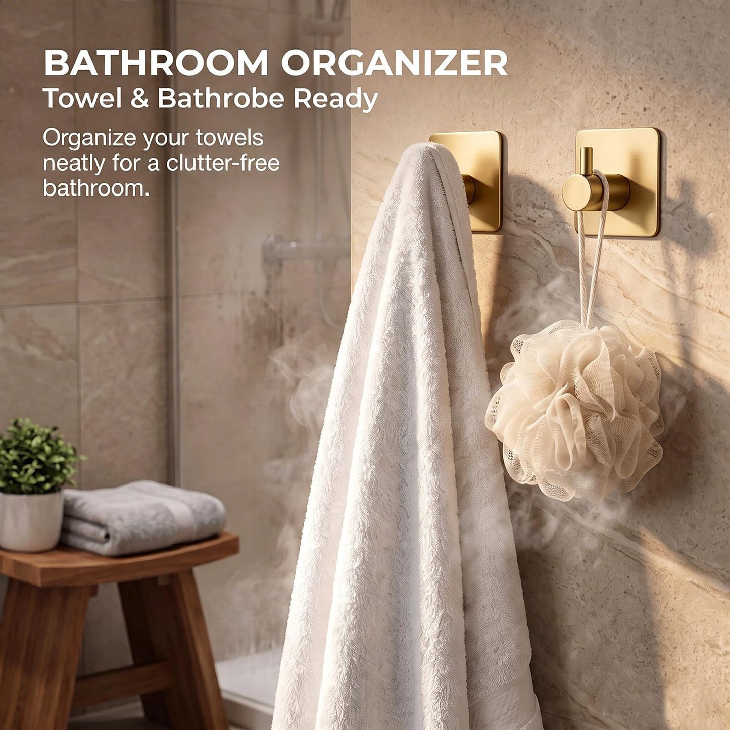 Fotosnow Adhesive Towel Hooks 15lbs Heavy Duty Wall Hooks Waterproof Stainless Steel Hanger for Hanging Coat, Hat, Towel Robe Hook Rack Wall Mount- Bathroom and Bedroom 4-Packs