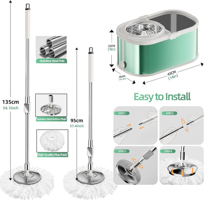 Spin Mop and Bucket with Wringer Set for Home,360° Mop and Bucket with Separate Clean and Dirty Water,Wet Dust Mop for Floor Cleaning with Extra Refills (Silver with 6 Pads)