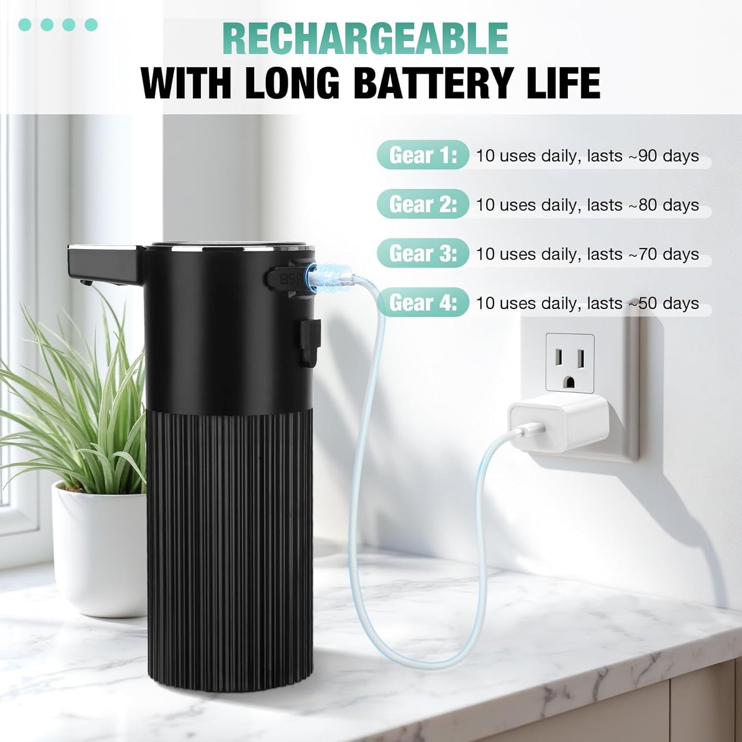 2 Pack Automatic Soap Dispenser: 14oz Plastic - Foaming Touchless 4 Level Adjustable Wall Mount Foam Black Rechargeable Electric Auto Smart Soap Dispenser Set - Bathroom Kitchen Hand Dish Lotion