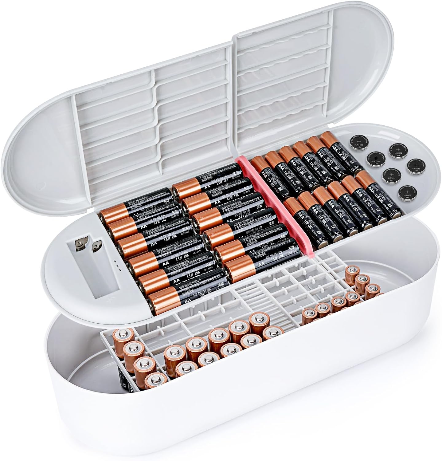 2-Layer Plastic Battery Storage Case with Tester, Portable Battery Organizer for AA, AAA and Flat Batteries (Grey)