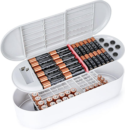 2-Layer Plastic Battery Storage Case with Tester, Portable Battery Organizer for AA, AAA and Flat Batteries (Grey)