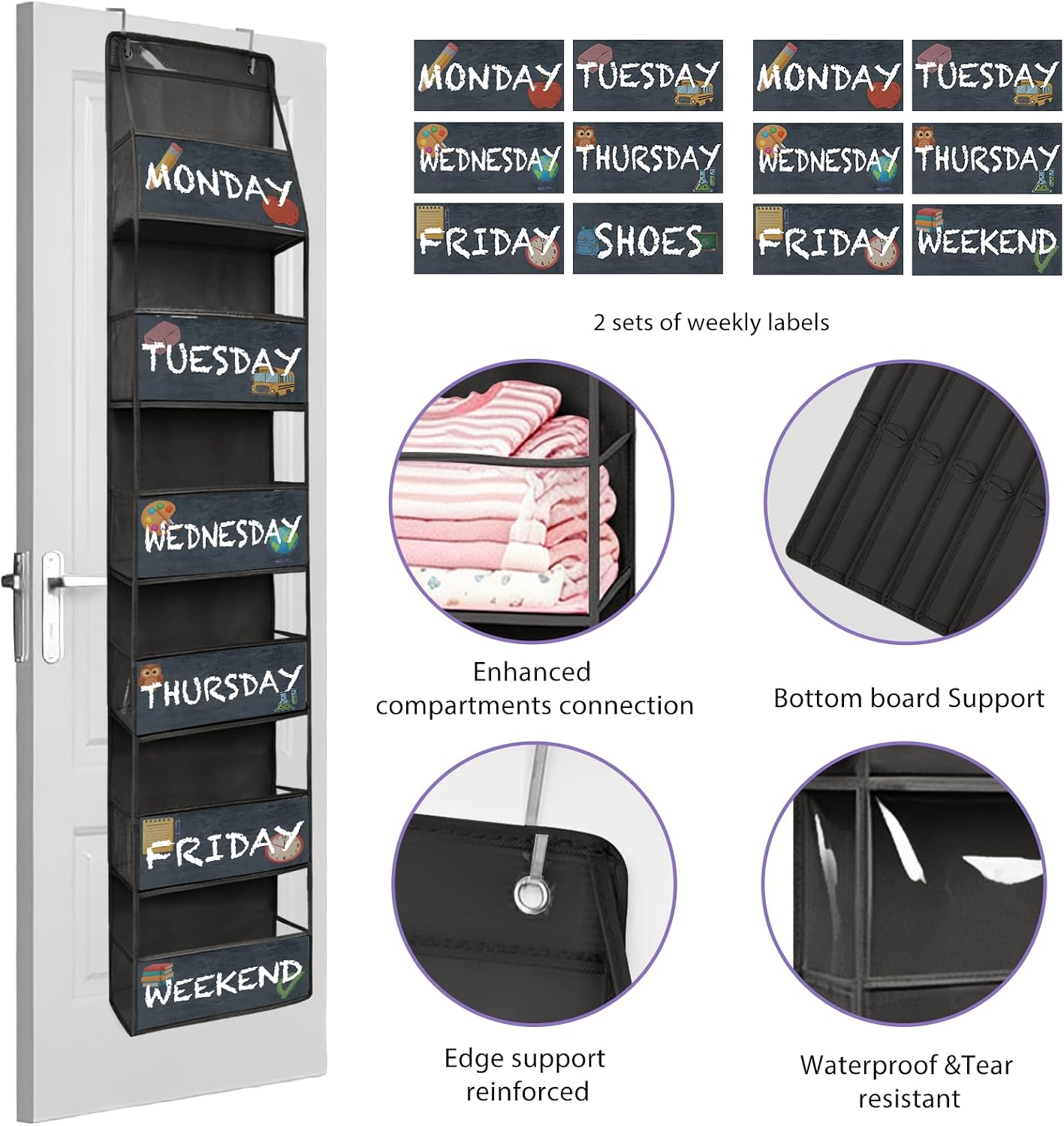 2 Pack Weekly Clothes Organizer for Kids, 6 Shelf Hanging Closet Organizer with Clear Window, Foldable Days of the Week Over the Door Outfit Organizer with Labels for Closet School