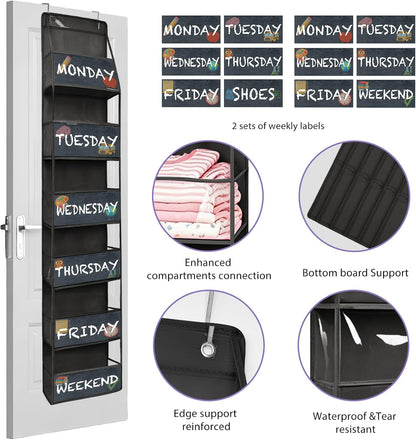 2 Pack Weekly Clothes Organizer for Kids, 6 Shelf Hanging Closet Organizer with Clear Window, Foldable Days of the Week Over the Door Outfit Organizer with Labels for Closet School