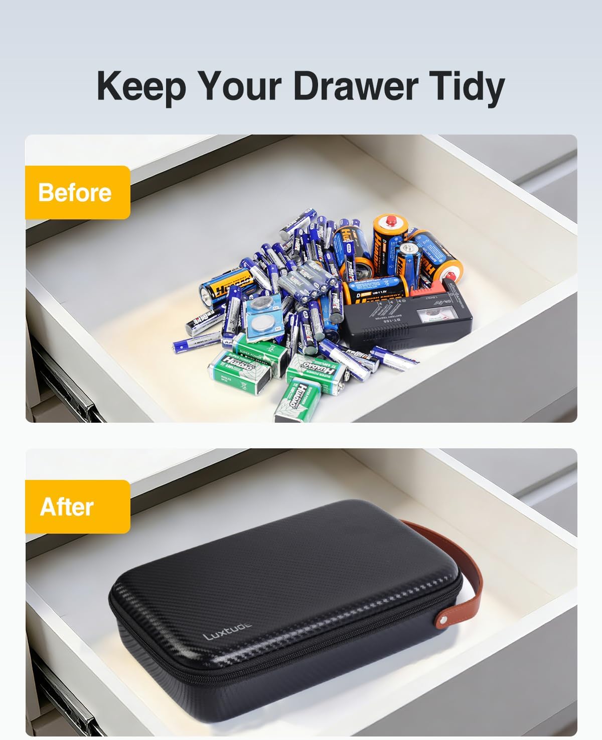 Luxtude Small Battery Organizer Storage Case with Tester, Hard Batteries Storage Holds 61, Portable Batteries Case Organizers, Drawer Caddy & Daddy (Black)