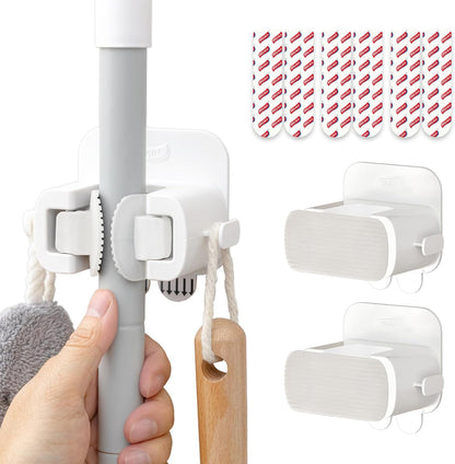 TAILI Mop and Broom Holder Wall Mount Grippers, 2 Hangers and 6 Adhesive Strips, Damage Free Hanging Wall Mount, Household Cleaning Organizer for Organization and Storage, Holds up to 4 lbs, White