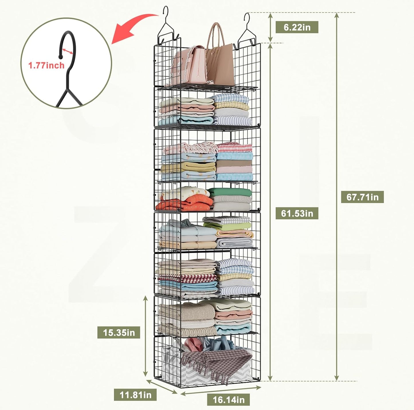 X-cosrack Closet Hanging Organizer Shelves - 5 Tier Wardrobe Organizers and Storage Bin, Hanging Organizer Shelves, Clothes Shelf with Adjustable Dividers for Bedroom Closet Sweater Shoes Handbag