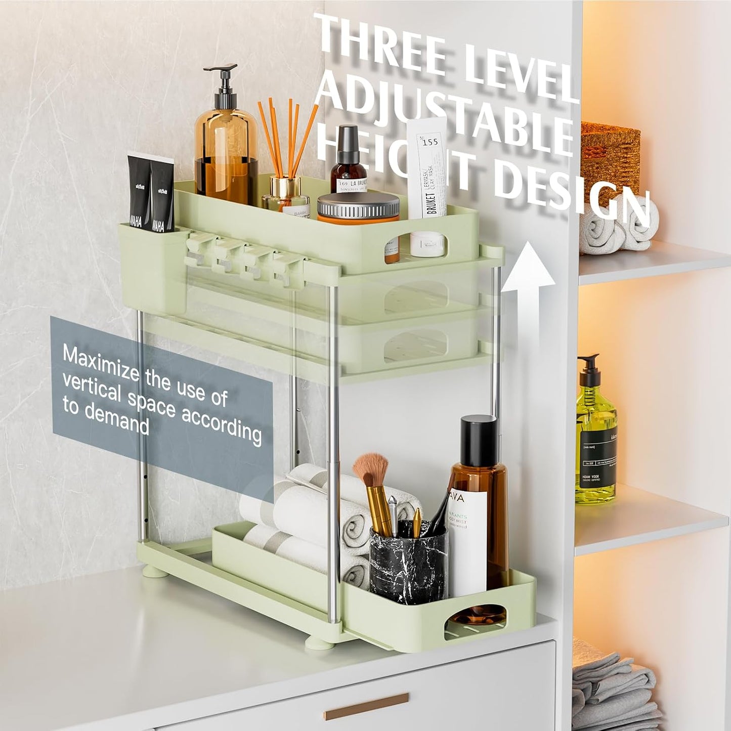VERIFOST 2 Pack Under Sink Organizers and Storage, Double Sliding Kitchen Cabinet Organizer, 2 Tier Height Adjustable Countertop Organizer for Kitchen Bathroom Laundry, White