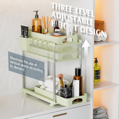 VERIFOST 2 Pack Under Sink Organizers and Storage, Double Sliding Kitchen Cabinet Organizer, 2 Tier Height Adjustable Countertop Organizer for Kitchen Bathroom Laundry, White