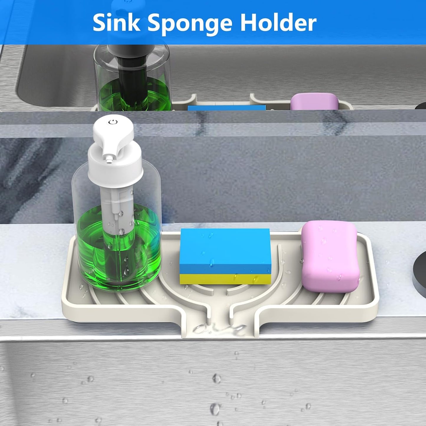 Sponge Holder for Kitchen Sink, Dish Sponge Holder & Soap Tray with Drain, Bathroom Sink Sponge Drying Rack & Perfect Organizer for Dispenser,Bottle,Cup on Sinks or Counter(8"x 4"Gray)