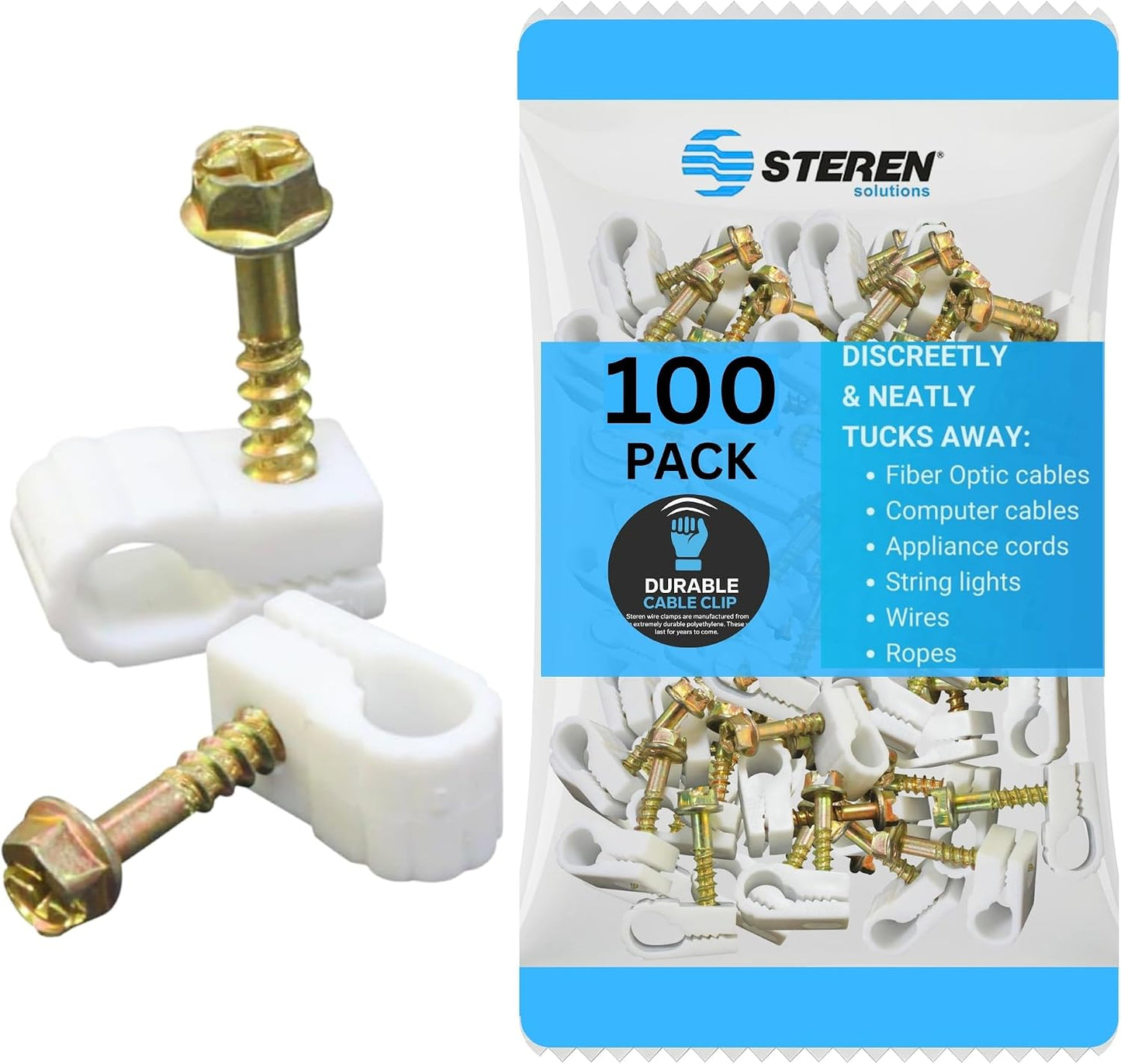 STEREN Coaxial Cable Clips - Cable Holder - Wire Clips - Siding Clips For Hanging - Cord Holder For Desk - Cable Clamps - Cord Clip - Wire Organizer Clips - Tv Mount Screws - Black - 100 Pack