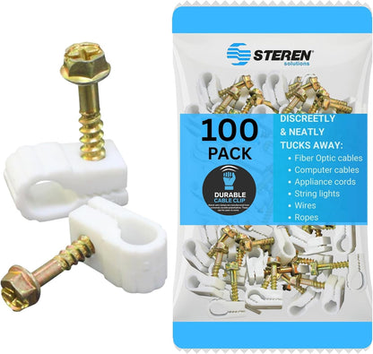 STEREN Coaxial Cable Clips - Cable Holder - Wire Clips - Siding Clips For Hanging - Cord Holder For Desk - Cable Clamps - Cord Clip - Wire Organizer Clips - Tv Mount Screws - Black - 100 Pack