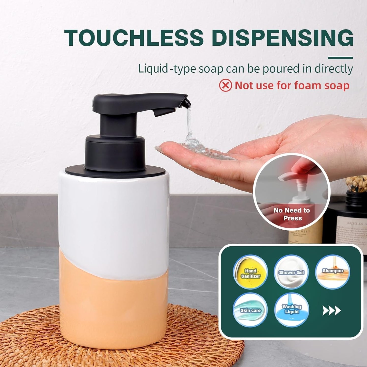 BosilunLife Automatic Soap Dispenser Ceramic Hand Free Soap Dispenser with Waterproof Pump Rechargeable Smart Electric Lotion Soap Dispenser Touchless (White-Green, Foam Pump)