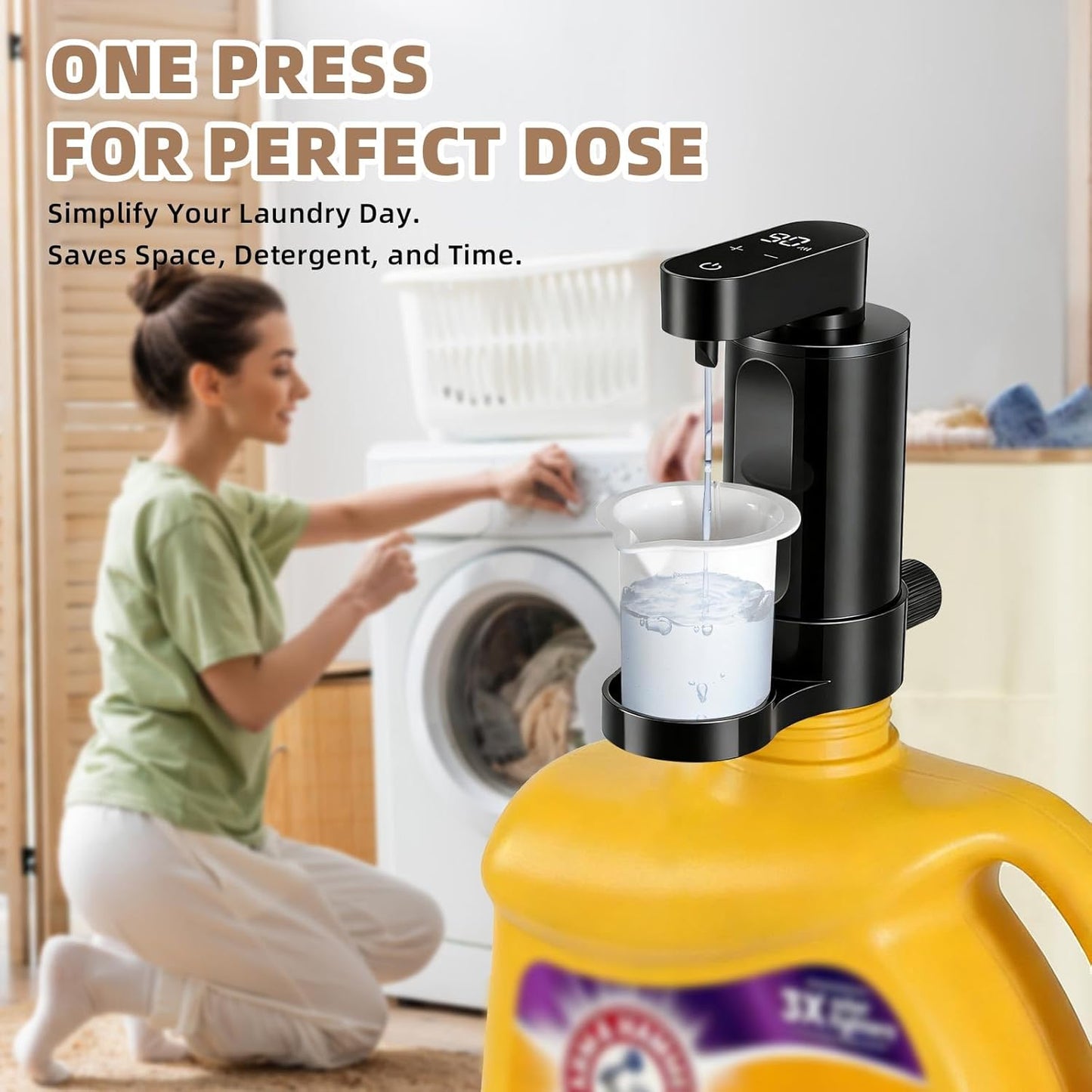 Electric Laundry Detergent Dispenser, USB-C Rechargeable Automatic Laundry Detergent Pump, 9-Level Adjustable, One-Press Dose, for All Liquid Detergent Containers-White