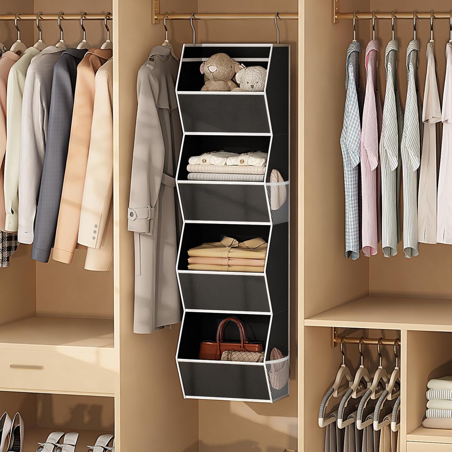 Hanging Closet Organizer 4 Shelf Collapsible Bedroom Closet Organizers and Storage Hanging with Mesh Pockets for Clothes, Fabric Hanging Storage Bins for Wardrobe Closet Organization and Storage, Grey