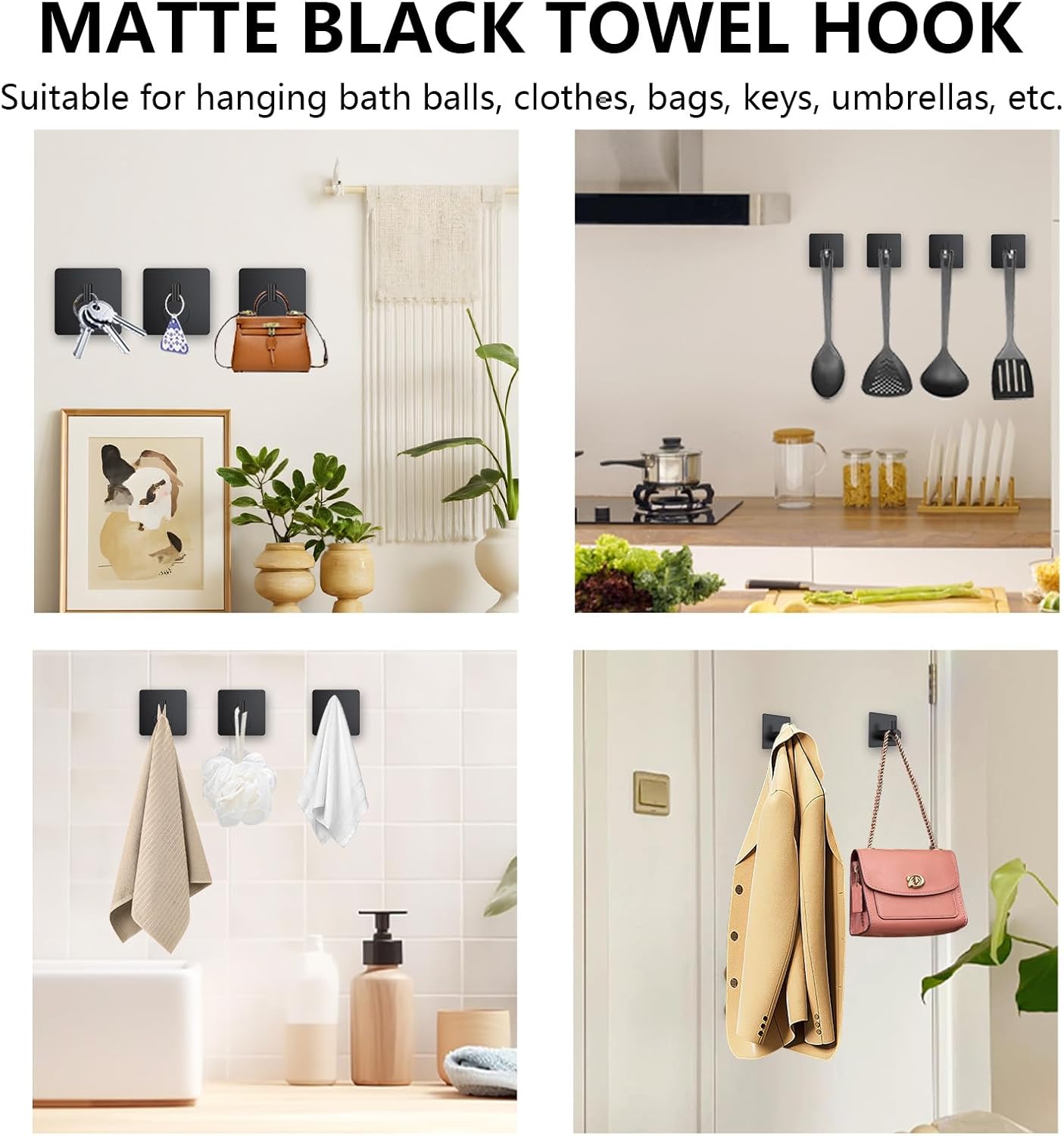 Adhesive Towel Hook 8Pack Matte Black, Modern Style Stainless Steel Wall Hooks Stick for Clothes, Hat, Towel Robe Hook Rack Wall Mount, Thicken Holder for Home Bathroom Kitchen