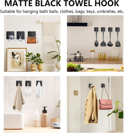 Adhesive Towel Hook 8Pack Matte Black, Modern Style Stainless Steel Wall Hooks Stick for Clothes, Hat, Towel Robe Hook Rack Wall Mount, Thicken Holder for Home Bathroom Kitchen