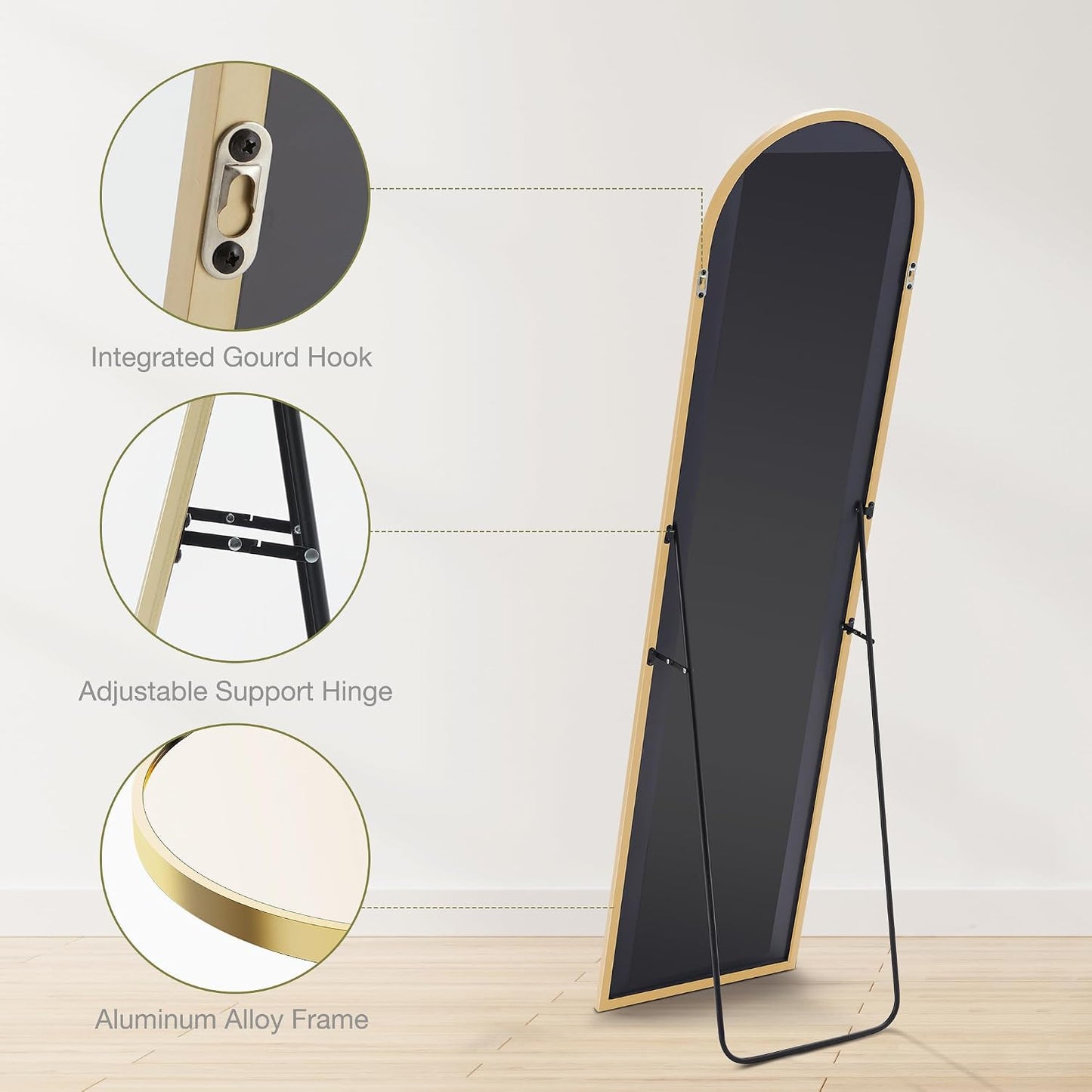 DUMOS 64"x21" Arched Full Length Floor Mirror, Full Body Mirror with Stand, Shatterproof Tempered Glass, Modern Aluminum Alloy Frame, Free Standing or Leaning for Home Decor, Gold