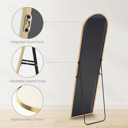 DUMOS 64"x21" Arched Full Length Floor Mirror, Full Body Mirror with Stand, Shatterproof Tempered Glass, Modern Aluminum Alloy Frame, Free Standing or Leaning for Home Decor, Gold