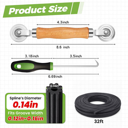 King&Charles 3 in 1 Screen Repair Kit, Bearing Steel Screen Roller Tool with 0.14 in x 32 ft Spline and Removal Hook for Window Screens, Screen Doors, Patio and RV Mesh Replacement
