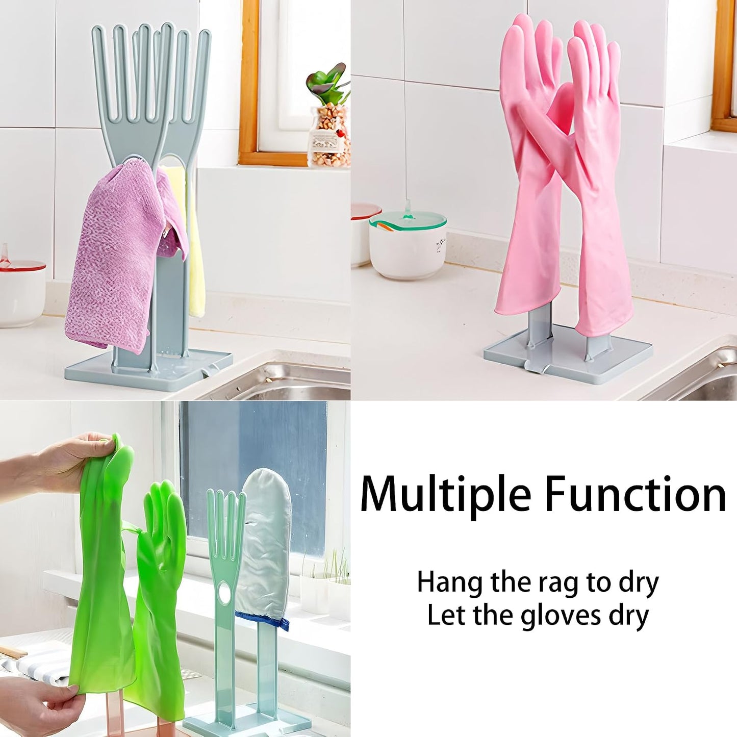 Kitchen Glove Holder Stand Dryer Rack Reusable Plastic Mitten Drying Organizer for Dishwashing Rubber Gloves Towel Storage Sink Holder Multi-Functional Cleaning Tool, Blue