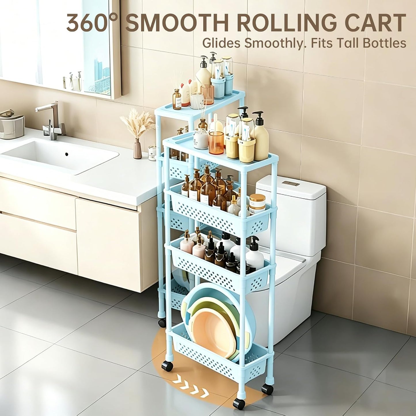Slim 4 Tier Rolling Storage Cart Narrow Bathroom Organizer on Wheels Blue | 6.7" wide for tight bathroom/kitchen gaps, extra-tall tier, 360° casters, quick-dry shelves, tool-free storage rack