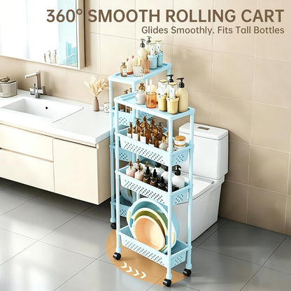 Slim 4 Tier Rolling Storage Cart Narrow Bathroom Organizer on Wheels Blue | 6.7" wide for tight bathroom/kitchen gaps, extra-tall tier, 360° casters, quick-dry shelves, tool-free storage rack