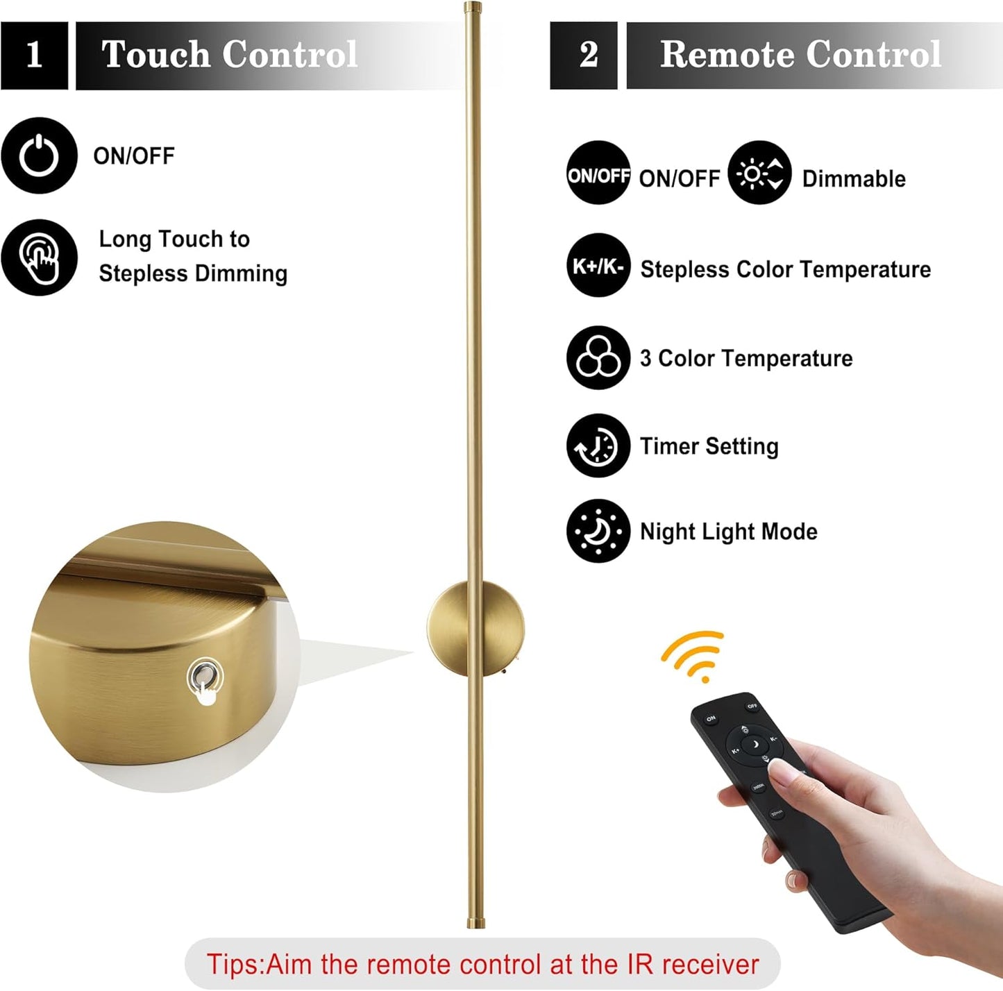 Battery Operated Modern Wall Sconces, Dimmable Wireless Wall Light Set of Two with Remote Control, 3 Color Temperatures, Rechargeable LED Wall Sconce for Bedroom, Living Room, Hallway, 23.6 Inch Brass