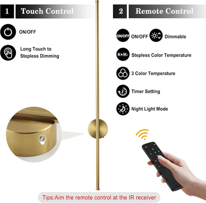 Battery Operated Modern Wall Sconces, Dimmable Wireless Wall Light Set of Two with Remote Control, 3 Color Temperatures, Rechargeable LED Wall Sconce for Bedroom, Living Room, Hallway, 23.6 Inch Brass