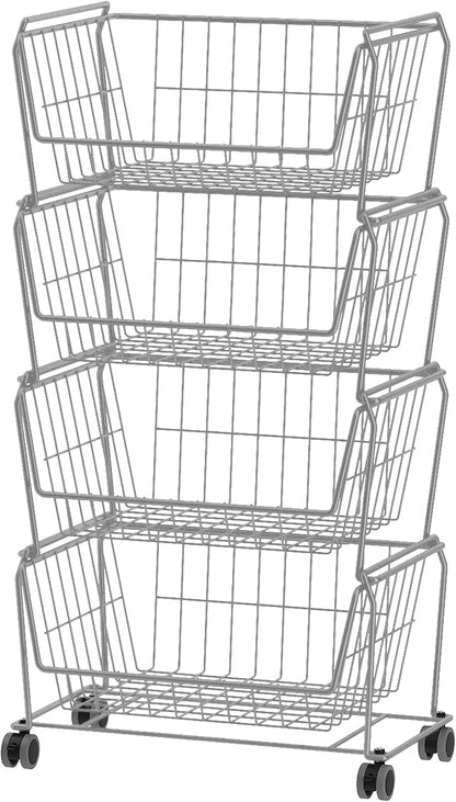 PUSDON 6-Tier Tall Stackable Wire Storage Baskets with Wheels, Vertical Metal Rolling Utility Cart, High Capacity Produce Basket for Kitchen Pantry, Snack Organizer, Matte Black