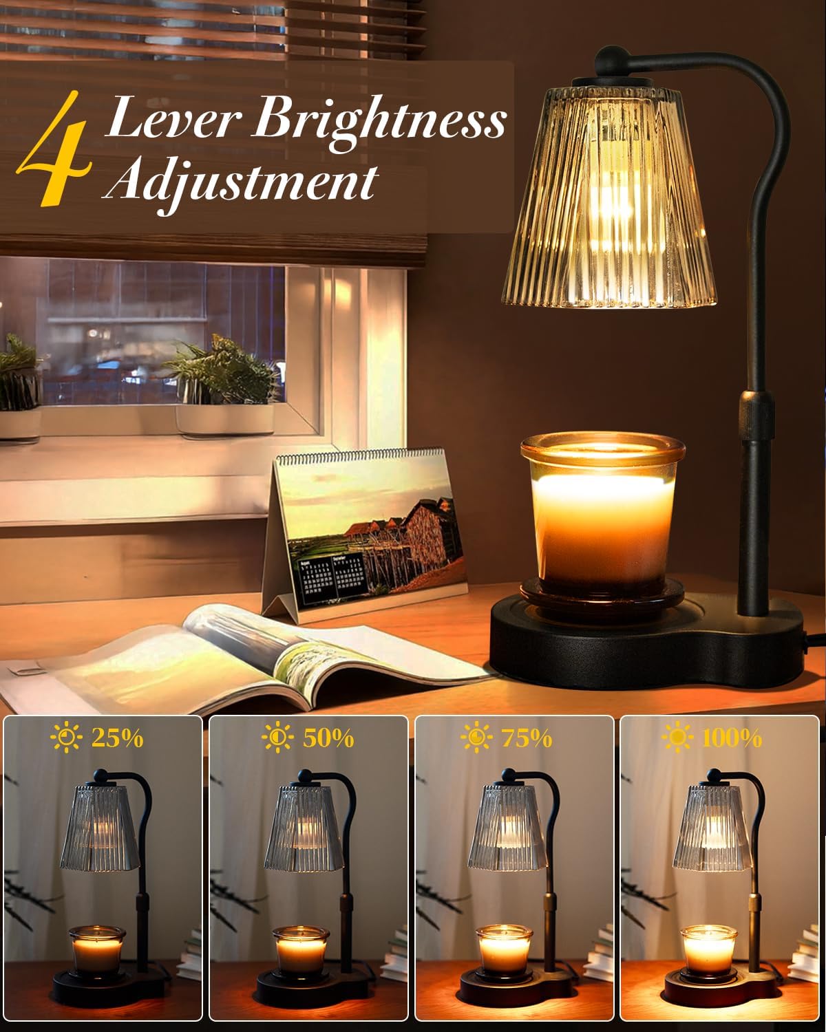 Candle Warmer Lamp with Timer & Dimmable Settings, Adjustable Height Flameless Scented Wax Melter for Jar Candles, Elegant Home Decor Warmer Lamp with 2 Bulbs, Gift for Women Mom Friend Family, Black