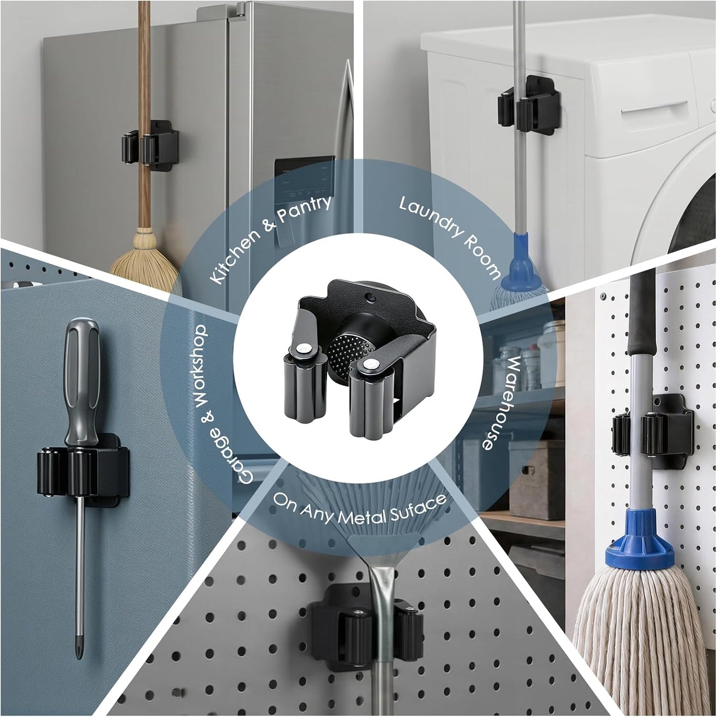 Magnetic Broom Holder Wall Mount, 5PCS No-Drill Broom and Mop Organizer Wall Hanging, 12lbs Heavy Duty Magnetic Tool Holder for Work Garage Laundry Kitchen RV Van Accessories