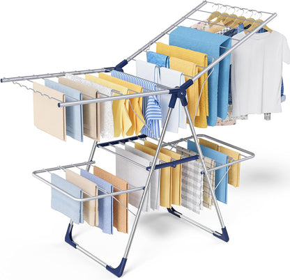 Sakugi Clothes Drying Rack, Foldable 2-Level Laundry Drying Rack with Height-Adjustable Wings, for Clothing & Bedding, Free-Standing Space-Saving Rack, Indoor & Outdoor, 55.5" L × 22.8" W, Gray