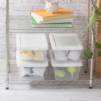 Sterilite 6 Pack Storage Box, 41 Quart Stackable Tote, Clear Plastic Container with Secure Snapping White Lids for Home and Office Organization