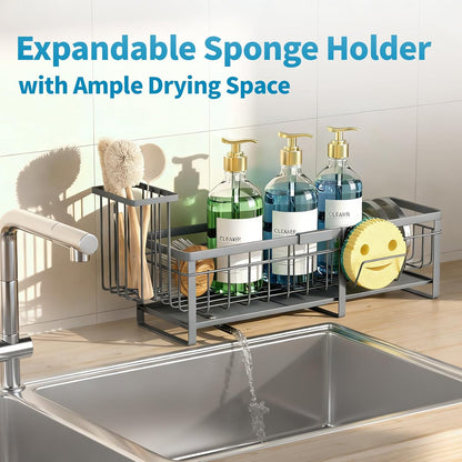 Aurblozen Extra Large Extendable Sponge Holder for Kitchen Sink, Rustproof Sink Caddy Organizer with High Brush Holder, Dish Soap Dispenser Organizers and Storage (Black)