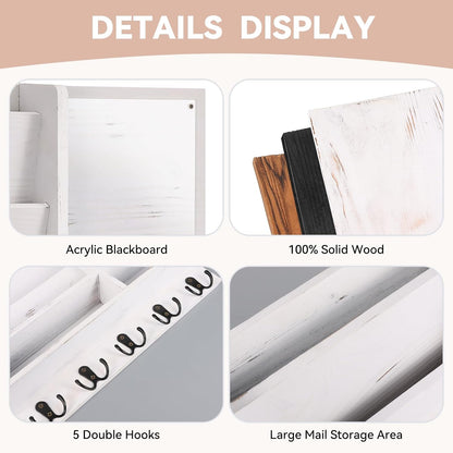 Key Holder Wall Mount, Mail Organizer Wall Mounted, Solid Wood Key Holder for Wall Living Room Entryway Home Decor, with 10 Key Hooks, Shelf, Marker Pen, 15.7" x 10.2" x 2.8"