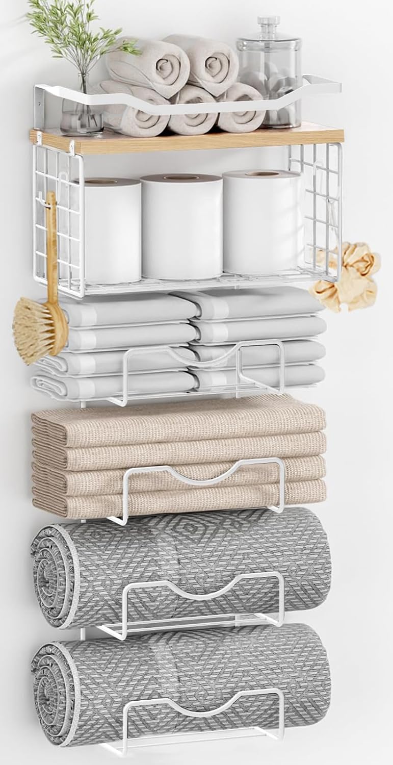 Towel Racks for Bathroom,Towel Rack Wall Mounted, 6 Tier Rolled Or Folded Towel Holder with Floating Shelves, Bathroom Towel Holder for Bath, Hand Towels,Metal and Wood