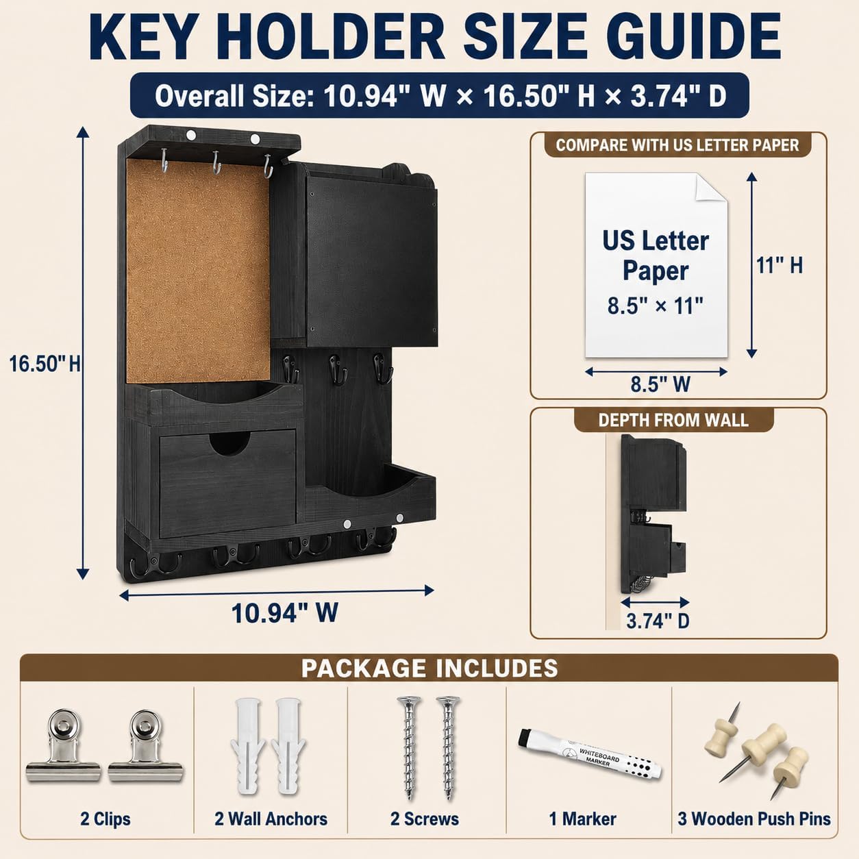 Key Holder for Wall Mount with Shelf and Mail Organizer, Key and Mail Holder with 16 Hooks, Farmhouse Entryway Organizer, Home Decor Rack (Pine Wood, Black)