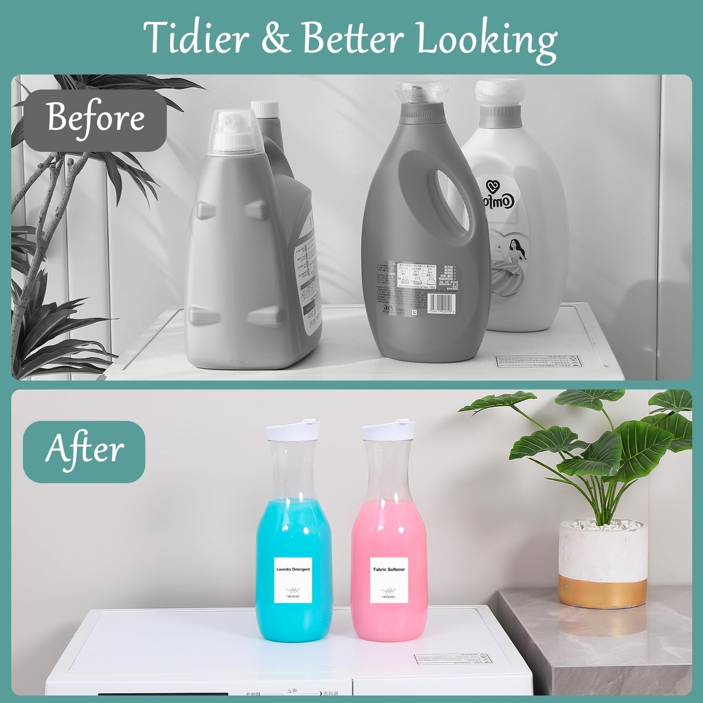 Laundry Detergent Dispenser BY VEGEVIGI, 54OZ Laundry Soap Disepenser, Liquid Laundry Detergent Container Organizer, Plastic Fabric Softener and Powder Detergent Dispenser, 3PACK
