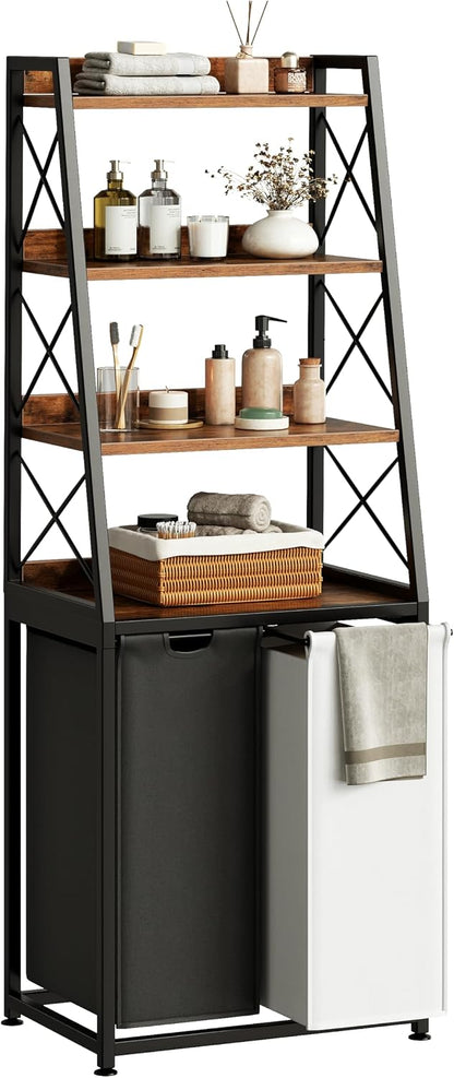 Herture Laundry Basket, 3 Section Laundry Hamper with 4 Tiers Shelf, Pull-Out and Removable Laundry Bags, Large 3 x 15.87 Gallons, for Laundry Room Bathroom Rustic Brown PF05XLN