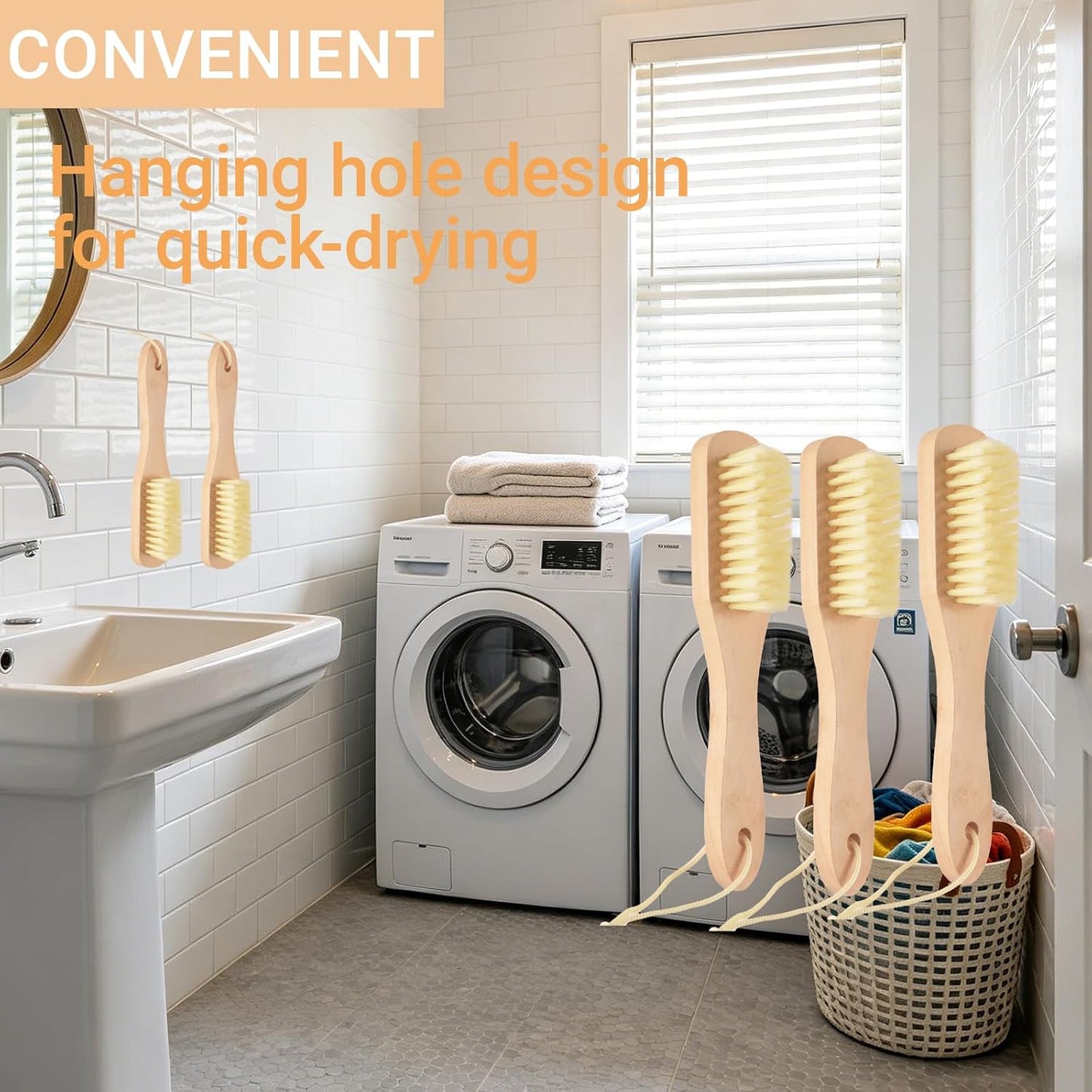 6 Pack Wood Laundry Brush, Soft Bristle Shoe Stain Remover Brushes Protable Multi Cleaning Brush with Long Handle for Clothes, Sneakers, Sole Scrubbing Stains Gentle on Fabrics (6)