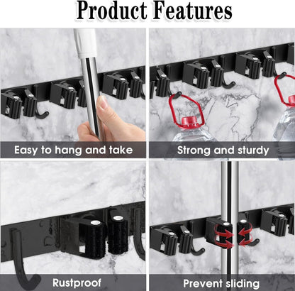 AceMining Broom Holder Wall Mount, 3 Racks 4 Hooks Heavy Duty Mop Organizer | Mop Holder Wall Mount and Broom Hanger for Garage, Laundry Room, Kitchen and Utility Storage