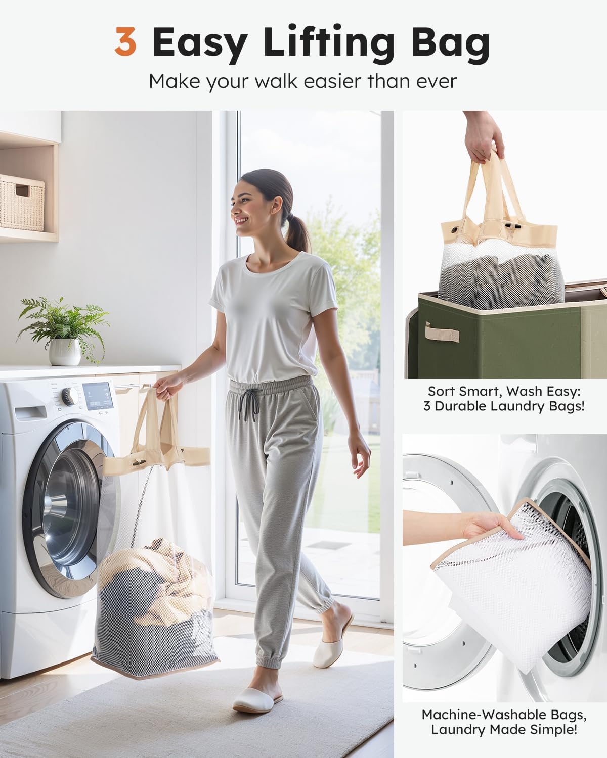 SOLEDI 180L Laundry Hamper 3 Section, Extra Large Laundry Hamper with Lid, Dirty Clothes Hamper with Sturdy Handle, Large Laundry Basket Organizer for Laundry Room, Bedroom, Hampers for Laundry