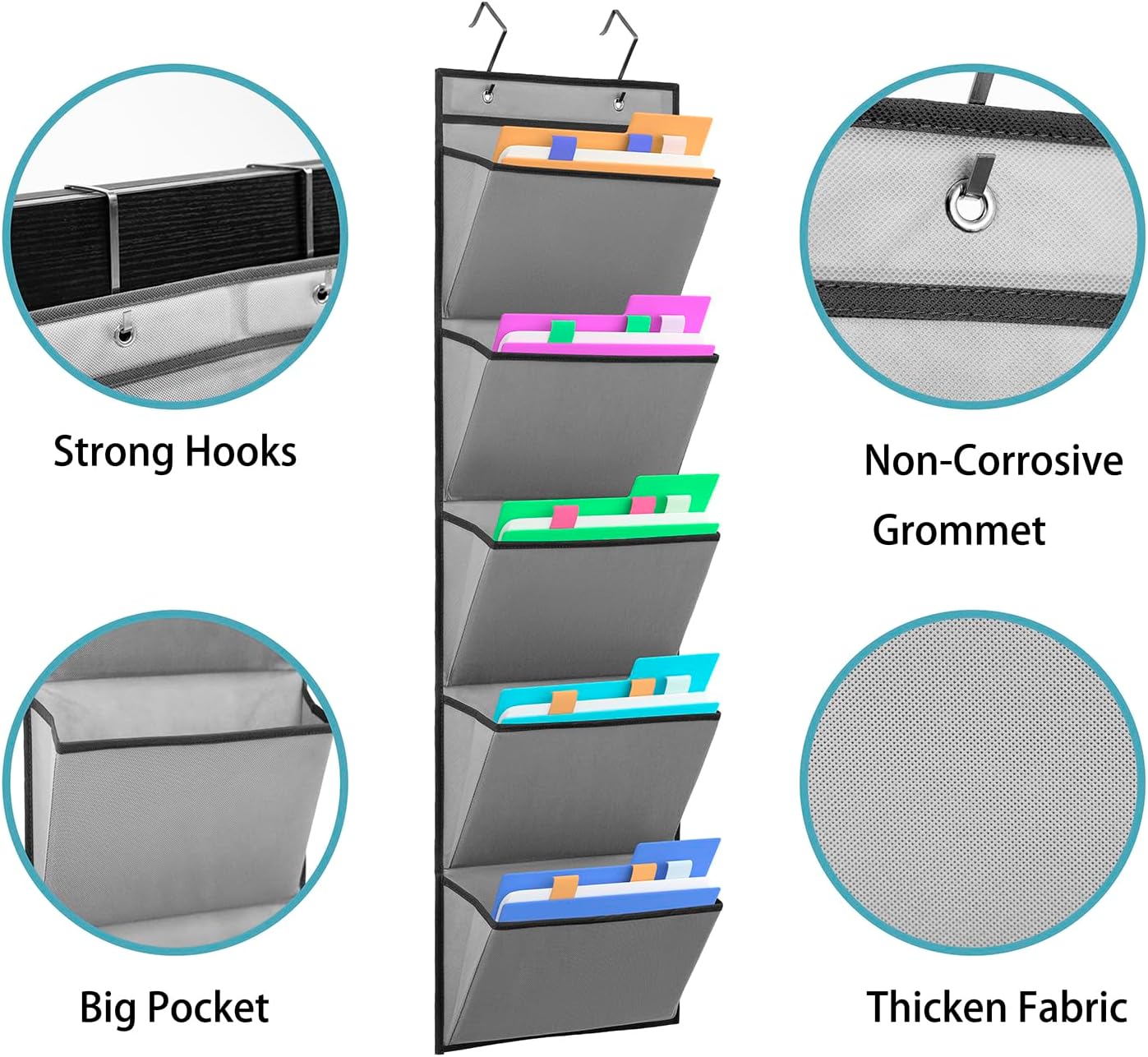 Wall Mounted File Holder Over Door Hanging Mail Organizer Document Storage Bag for Papers Magazines and Books (7 POCKETS-GREY)