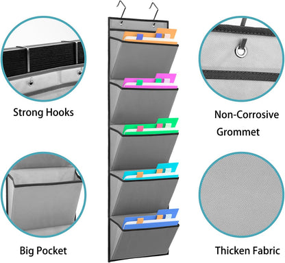 Wall Mounted File Holder Over Door Hanging Mail Organizer Document Storage Bag for Papers Magazines and Books (7 POCKETS-GREY)